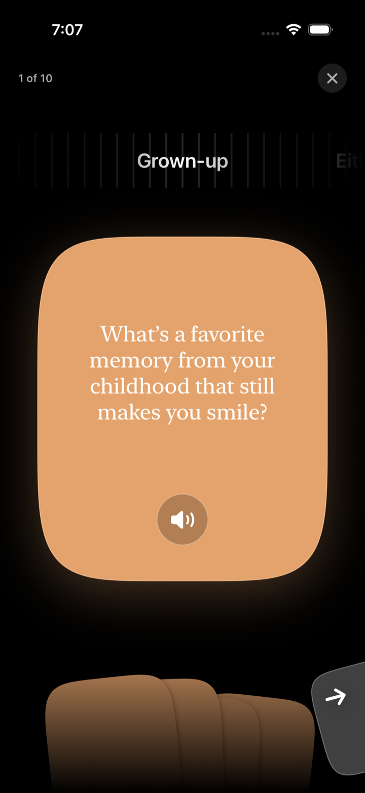 Bairn app — a Poppers conversation card with the grown-up turn-knob