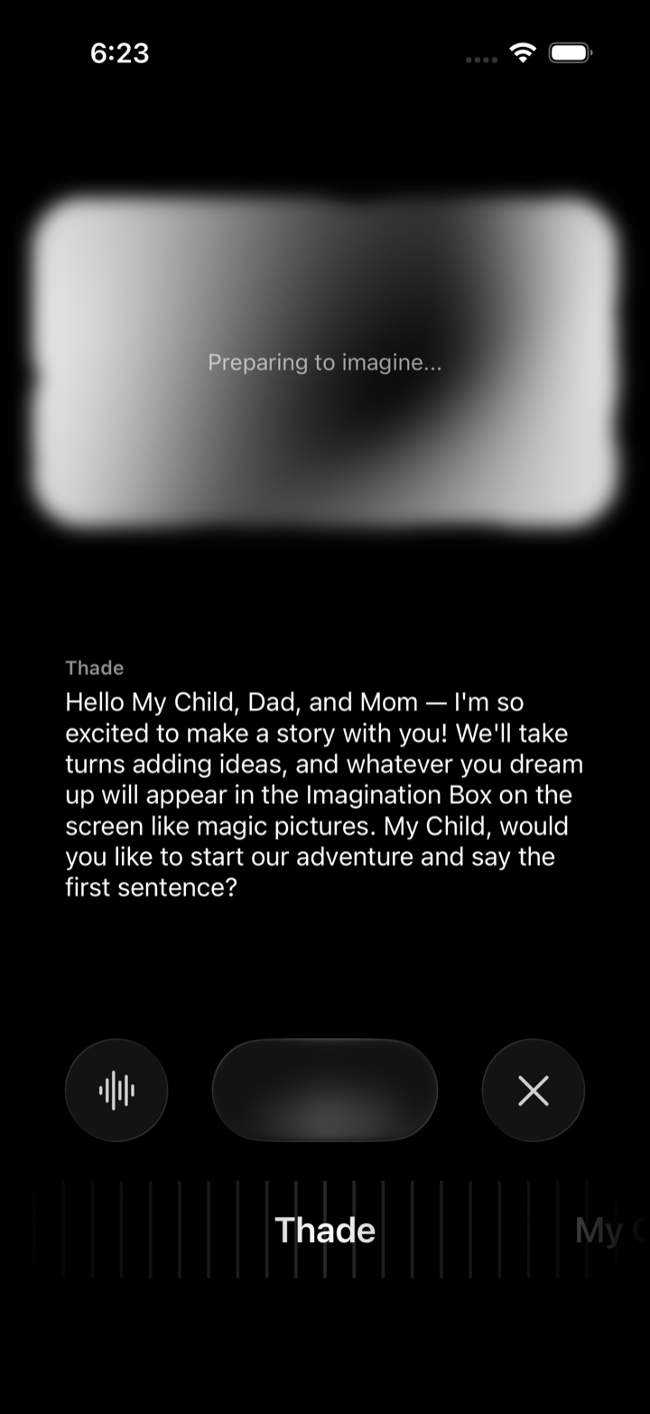Bairn app — a live round-robin story session showing the Imagination Box