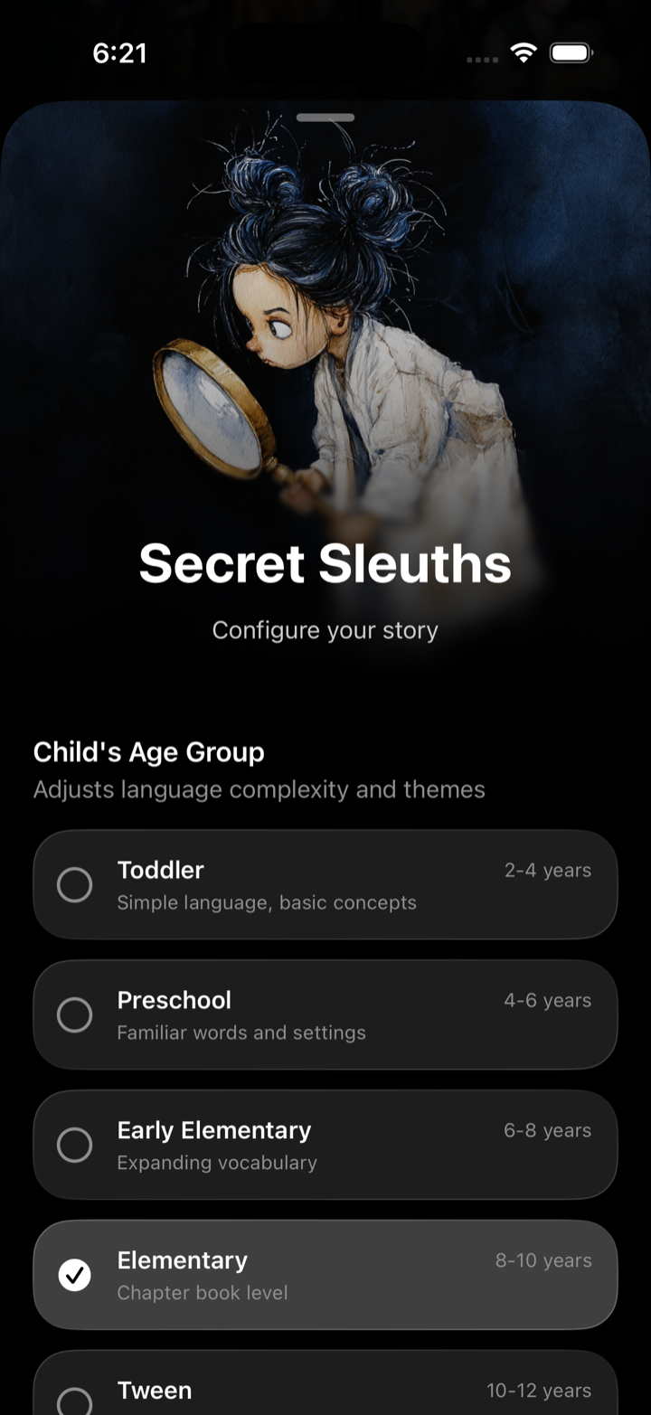 Bairn app — selecting the Secret Sleuths story archetype and child age group